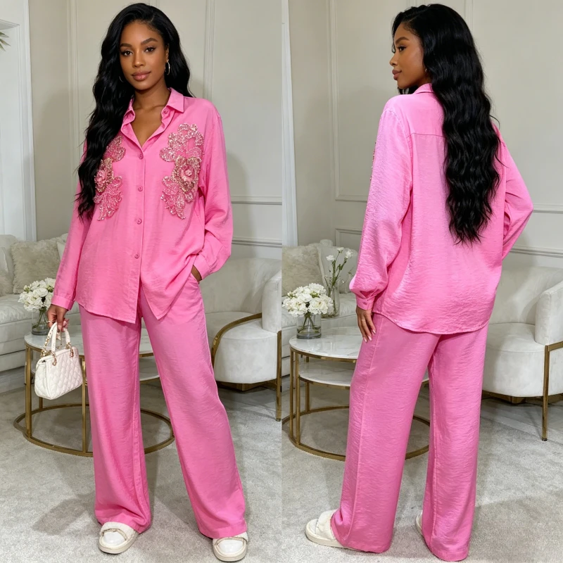 

Pant Set Women Two Piece Sets Bead Embroidery Turn Down Collar Full Sleeve Shirt Wide Leg Long Pants Elastic Waist High Street