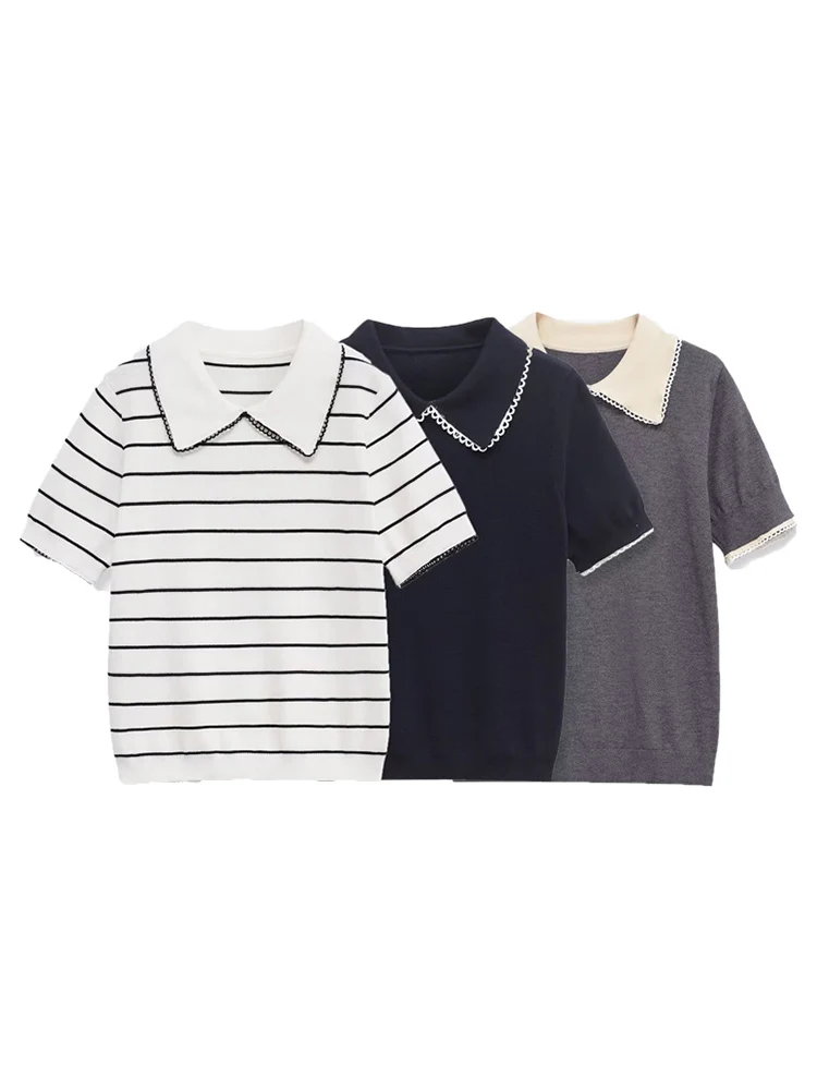 

﻿ TFMLN Women Knit Pullover Sweater Vintage Lapel Neck Short Sleeve Female Chic Knit Tops 2026 New Simple Casual Short Knitwear