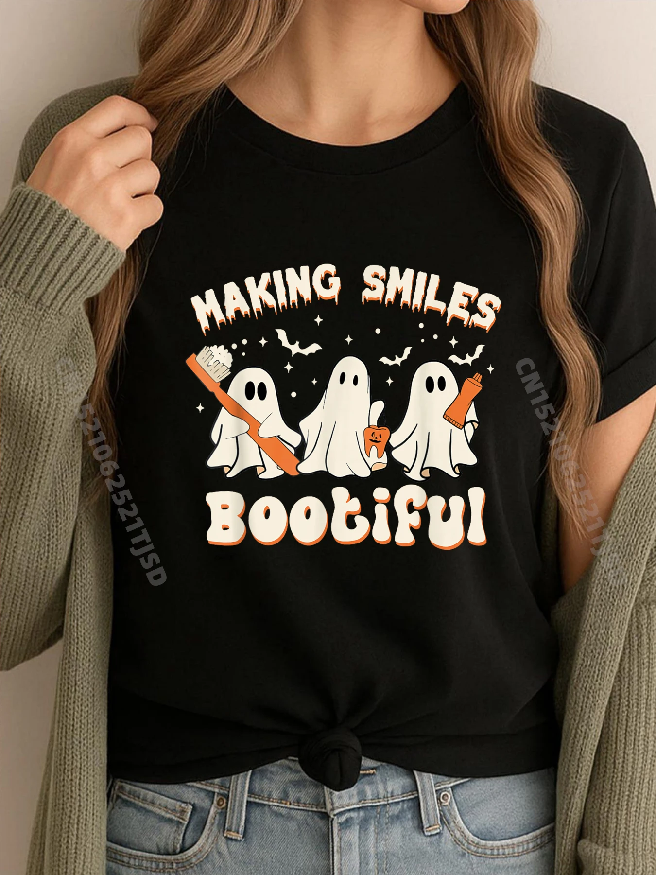 Fazendo sorrisos o lindo dia das bruxas engraçado fantasma dentista dental impresso camiseta feminina mulher retro camiseta dia dos pais