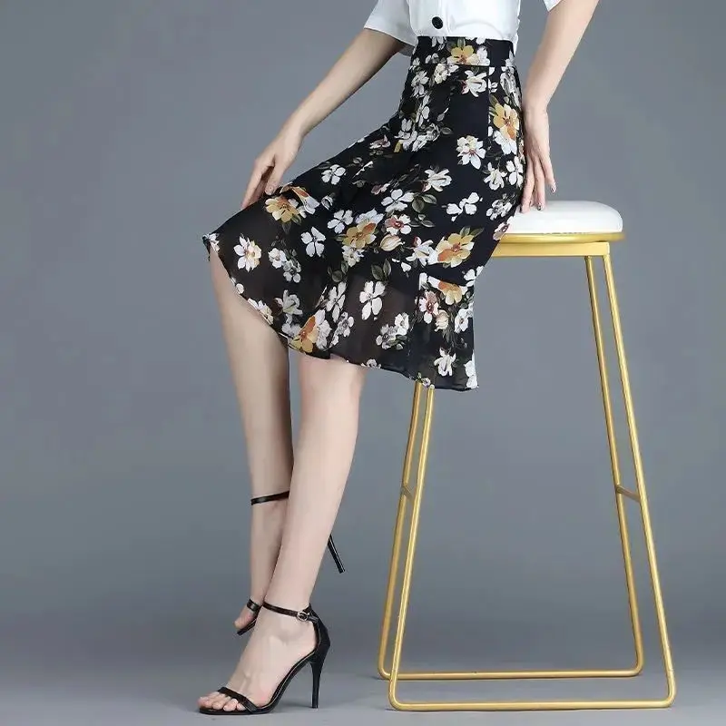 Jupe femme en mousseline de soie à volants floraux Midi noir jupes féminines Chic et élégante Y2k Vintage mode coréenne décontracté Style modeste V