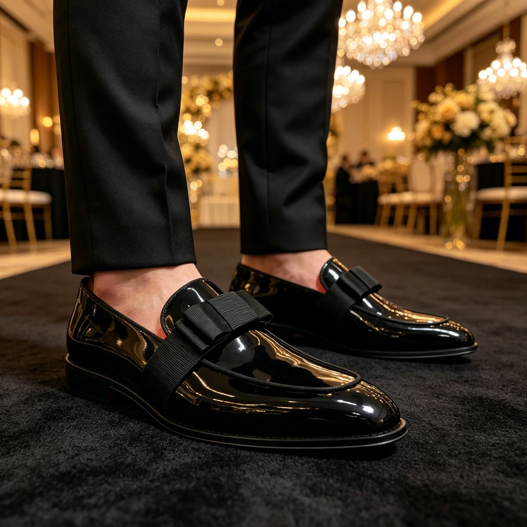 Mens Black Patent Leather Dress Shoes Pointed Toe Bow Tie Loafers Slip On Formal Wedding Business Red Sole Evening Footwear