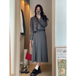 UNXX Autumn/winter British Style Round Neck Woolen Blazer + Pleated Skirt Suit Retro Casual Woolen Coat Skirt Two-piece Suit