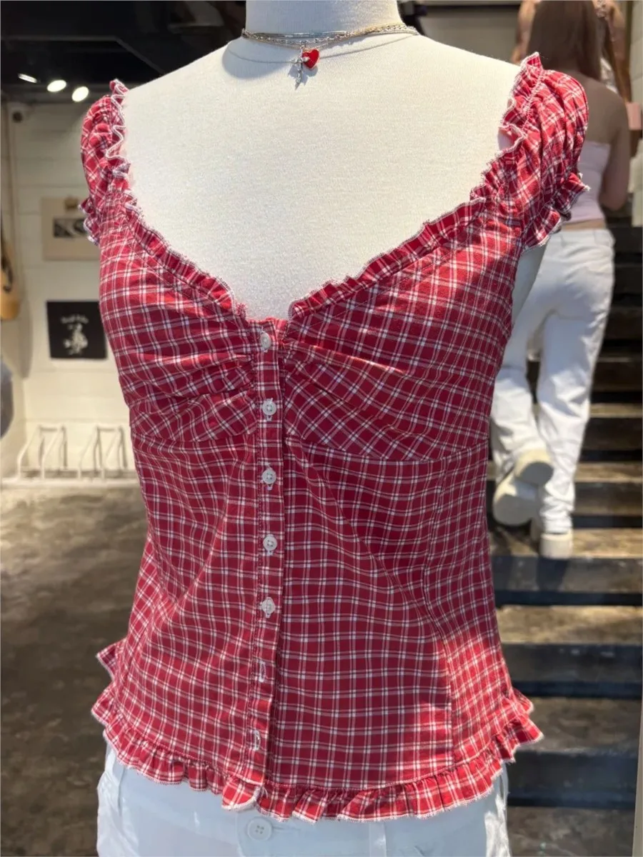 Red Plaid Slim T-shirt Blouse Women Simple Ruffles Single Breasted V-neck Short Puff Sleeve Shirt Female Vintage Sweet Tops New