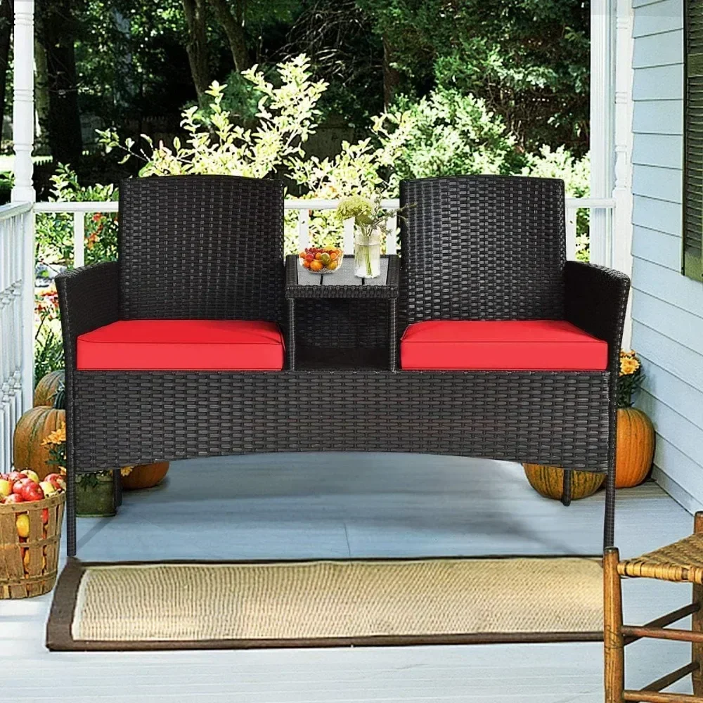 Outdoor Loveseat Patio Rattan Wicker Conversation Set with Removable Cushions, Wicker Sofa Furniture Set with Coffee Table