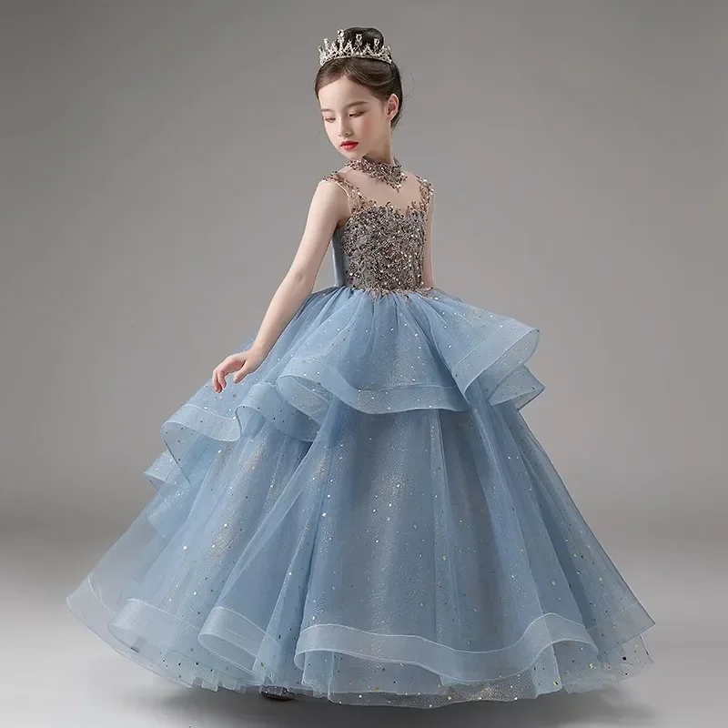 Little Girls Princess Party Ball Gown Kids Puffy Tutu Sequin Evening Cocktail Dress Children School Graduation Long Prom Dresses