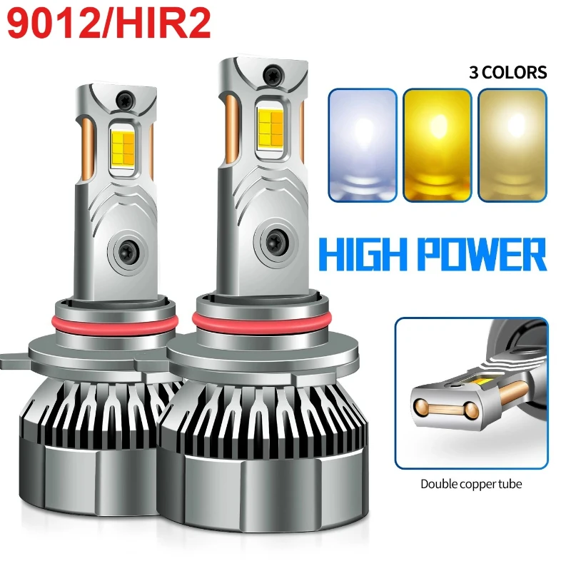 

2PCS 9012 LED 50000LM 120W Headlight 12V 3000K-6500K Three-color Bulb Light Bulbs for Car LED HIR2 Canbus with Fan Turbo Lights