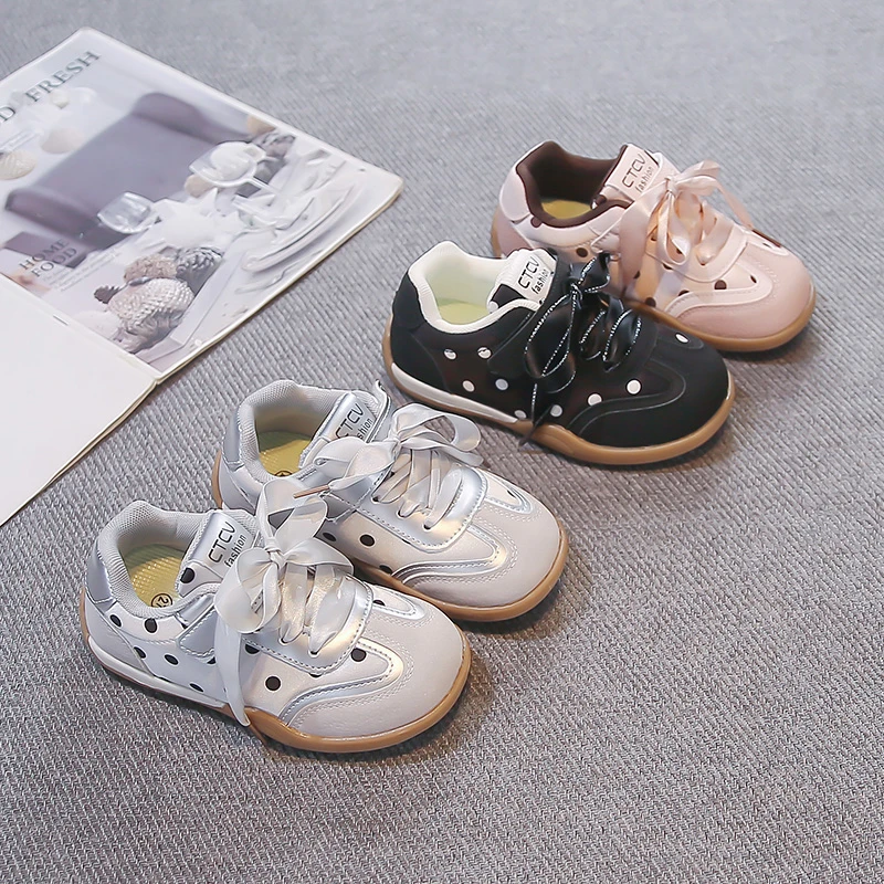 Girls Polka Dot Casual Sneakers, Ribbon Lace Up, Hook-and-Loop Strap, Non-slip Gum Sole for Daily Play & Outdoor Walking