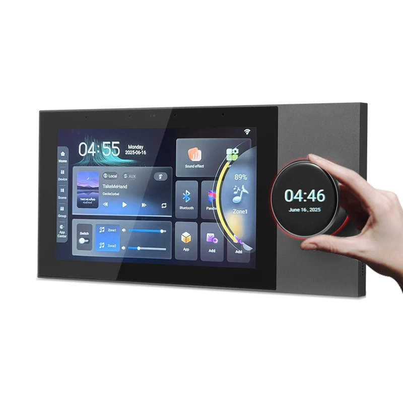 

2025 New Designed 7-inch Smart Home Background Music Touch Screen Host with Built-in 8-ch Tuya Zigbee Gateway Wall Amplifier