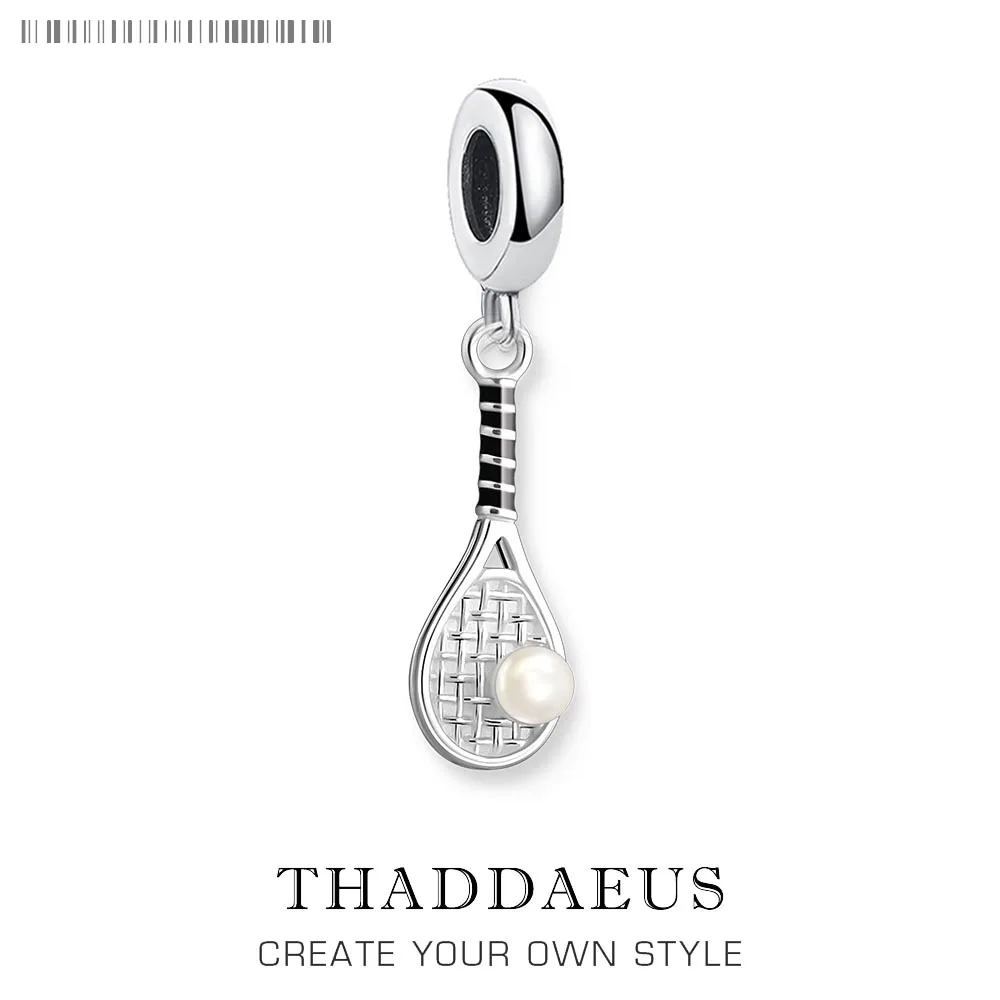 Tennis Racket with Freshwater Pearl Dangle Charm Pendant 925 Sterling Silver Sporty Gift For Women Men