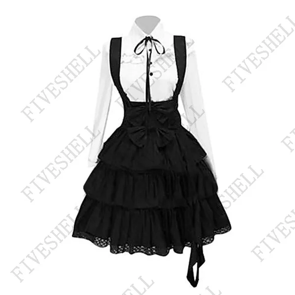 Medieval Women Classic Lolita Dress Vintage Inspired Outfit Cosplay Anime Girl Black Long Sleeve Knee Length fashion Shirt Dress