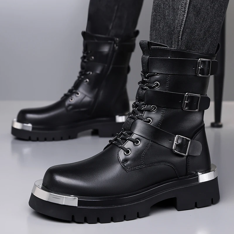 

men's casual party nightclub natural leather boots black designer shoes cowboy platform boot handsome high motorcycle botas mans
