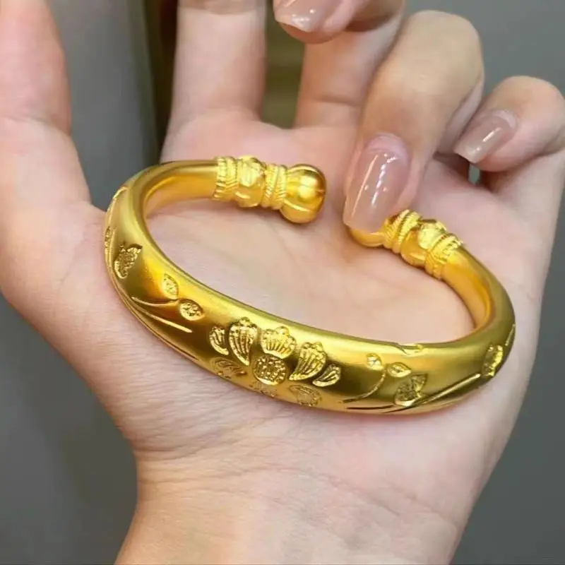 Fashion Vintage Carved Floral Gold Plated Open Cuff Bangle For Women Chinese Style Adjustable Bracelet Wedding Jewelry Gift