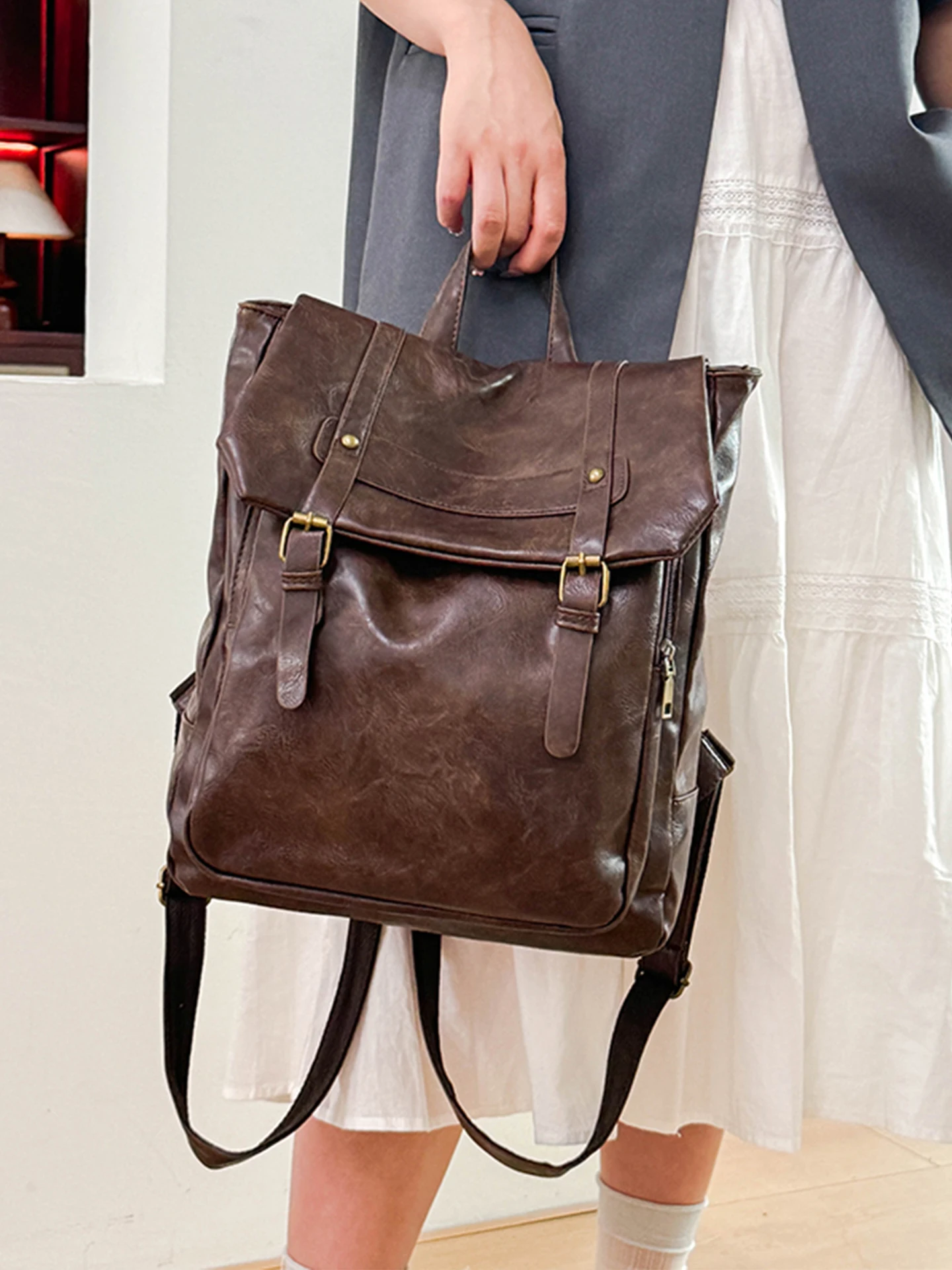 

URUM Soft Leather Uniform Double Shoulder Bag Women's Commuter Cambridge Bookbag Large Capacity Computer Backpack Vintage Art...