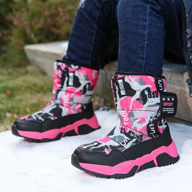 Kids Snow Boots Girl Waterproof Winter Autumn Rubber Boots  Children\'s Velvet High-top Cotton Warm Shoes