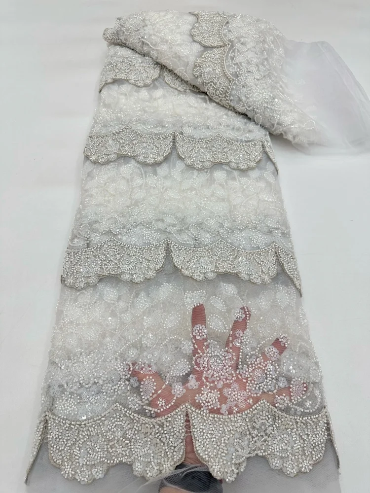 

Luxurious Nigerian Handmade Beaded Lace Fabric High Quality Sequins Beaded Embroidery African French Lace Fabric For Dress Sew