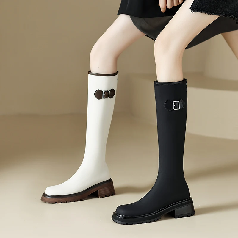 

Popular Women Knee High Boots Buckle Long Boots Autumn Winter Genuine Leather Thick Heels Platforms Shoes Woman