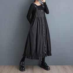 #6536 Black Green Sleeveless Spaghetti Straps Dress Women Zipper Sexy Split Joint Pleated Midi Dress Ladies Loose Streetwear