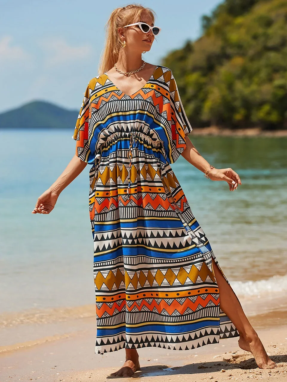 

Bohemian Print Kaftan Beach Outfits for Women V-neck Tunic Maxi Dresses Robe Summer 2024 Woman Swimsuit Cover-ups Beachwear