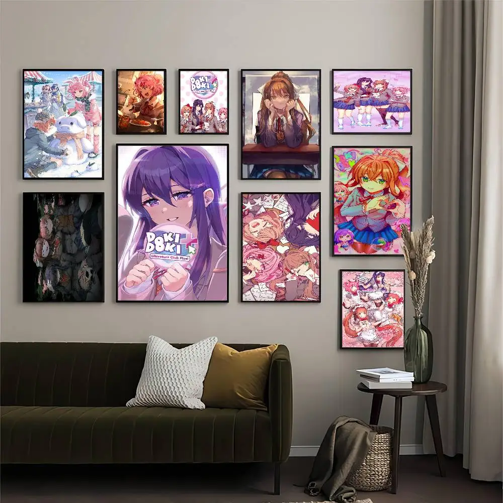 Juegos de Anime Doki Doki Literature Club! Pósteres de Anime, Adhesivos de Papel Blanco, Decoración Kawaii para Habitaciones, Bares y Cafés