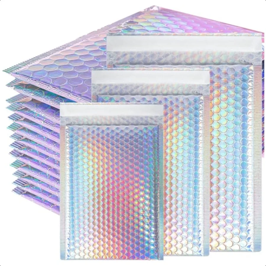 

50 Pcs Metallic Bubble MailersWaterproof Self Seal Adhesive Shipping Bags Holographic Cushion Envelopes Foil Glitter Shipping M