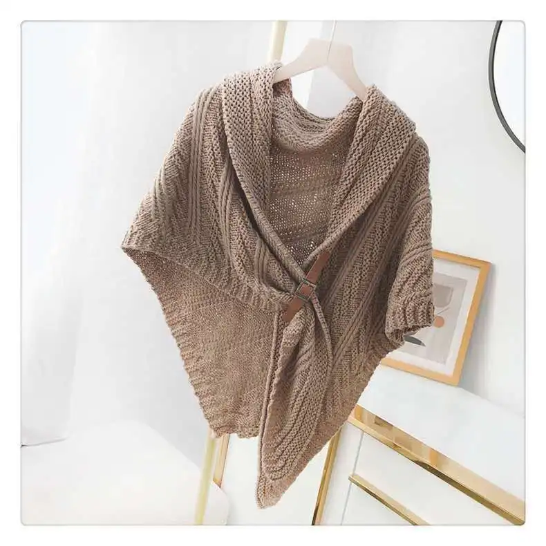 Fashion Versatile Knitted Shawl Leather Buckle Summer Air-conditioned Room Shoulder Guard Neck Guard Cloak Warm Scarf