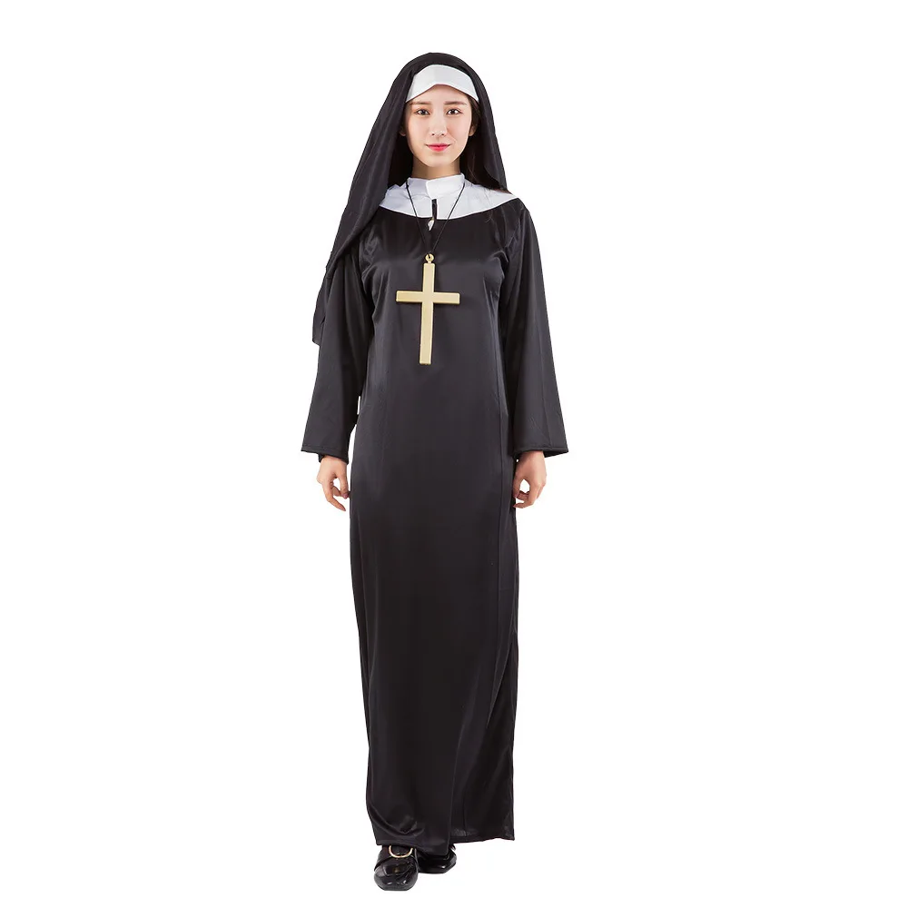 Adults Women Men Nun Virgin Mary Jesus Priest Cosplay Haloween Costumes with Cross Necklace Black Rope Outfit for Masquerade