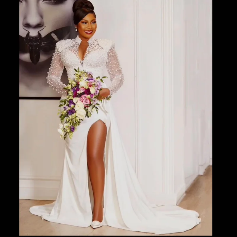 Customized 2026 New Mermaid Wedding Dress Satin V-Neck Long Sleeved Pearl Single Slit Wedding Evening Gown Vestidos De Novia