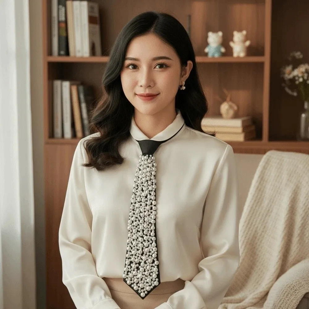 

Korean Style Full Pearls Tie Choker Academic Style Hand-beaded Long Necktie Geometric Collares Decoration Shirt Tie Performance