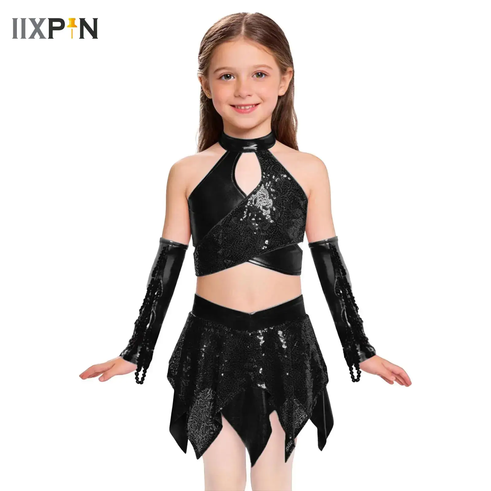 

Children Jazz Dance Costumes Kids Girls Shiny Sequins Ballet Dancewear Sets Crop Top + Skirt Hip Hop Clothes Performance Clothes