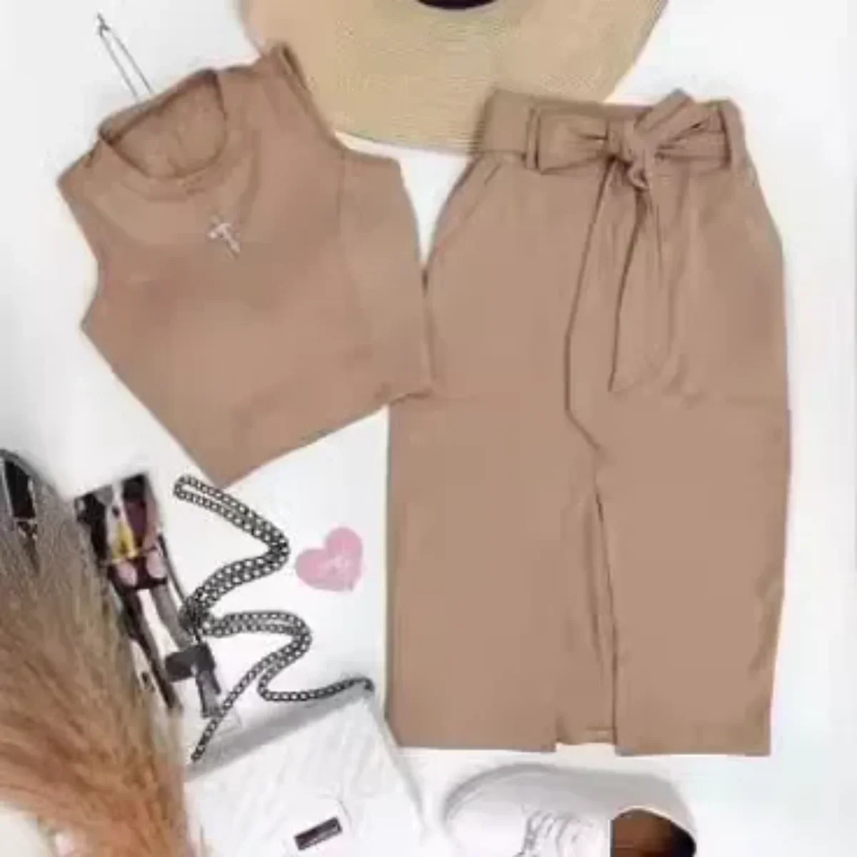 

Women Skirt Set Two Piece Sets Bodycon Round Neck Sleeveless Crop Tops Mid Length Skirts Lace Up High Waist Splice Dress Sets