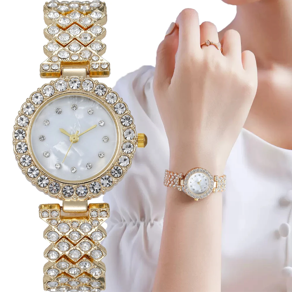 Luxury Women's Watch Metal Strap Full Diamond Rhinestone Marble Textured Metal Strap Watch Quartz Watch Gift Watch for Women