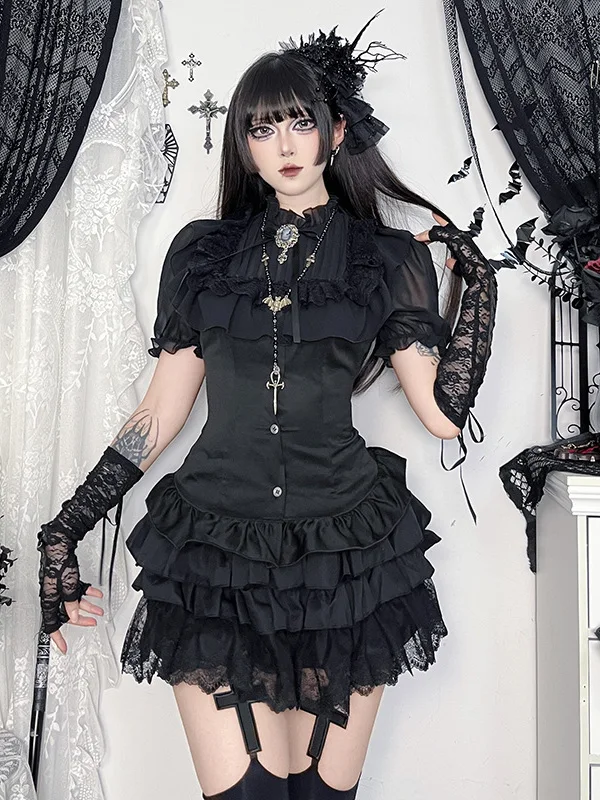 Gothic Style Casual Black Lace Short Sleeves Single-breasted Shirt Set Japanese Hot Girl Y2K Subculture Puffy Short Skirt Female