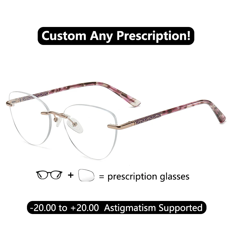 

Purple Gold Prescription Glasses Rimless Anti Blue Light Reading Glasses Frameless 1.75 Myopia Glasses Woman Cat Eye No Frame
