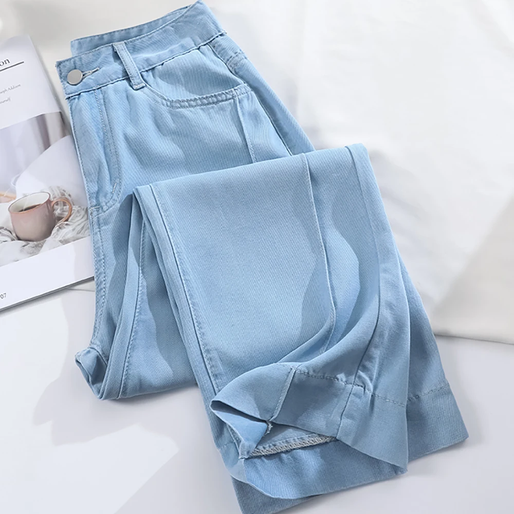

Summer Thin Ice Silk Jeans for Women Casual High Waist Straight Leg Ankle-Length Denim Pants 2025 New Fashion Slim Blue Jeans
