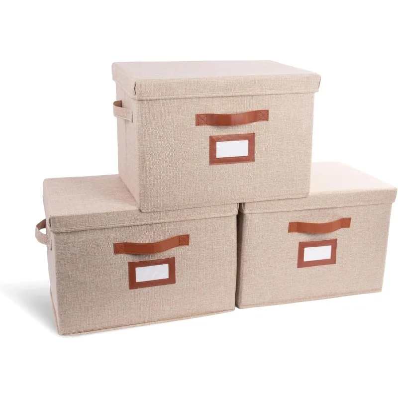 

3 Pack Large Fabric Storage Bins with Lid - Decorative Box with Lid, Label Holder, Faux Handles