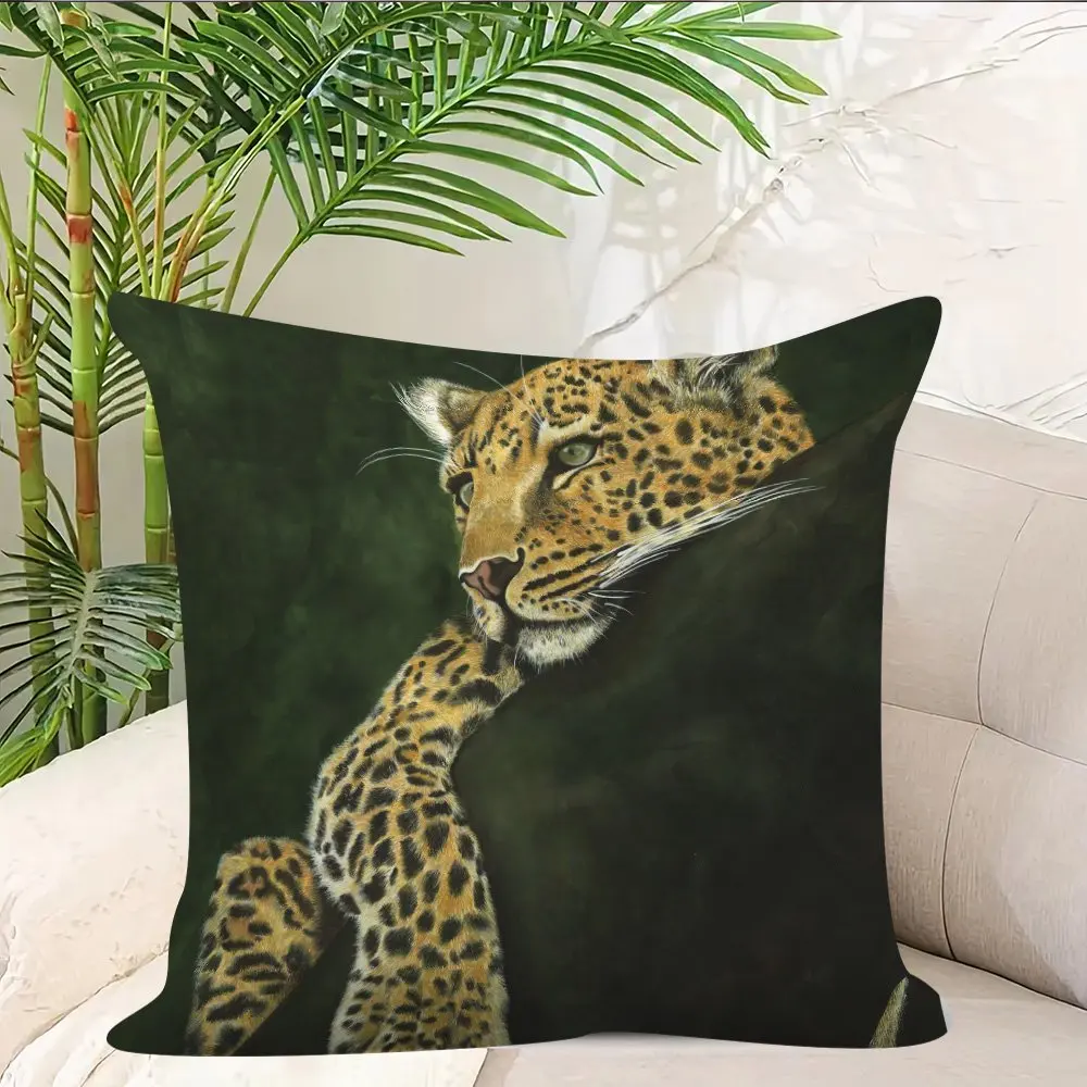 1pc Realistic Leopard Portrait Pillow Cover, Polyester 2D Double-Sided Print, Jungle Big Cat Oil Painting Art, Wildlife Lover Ho