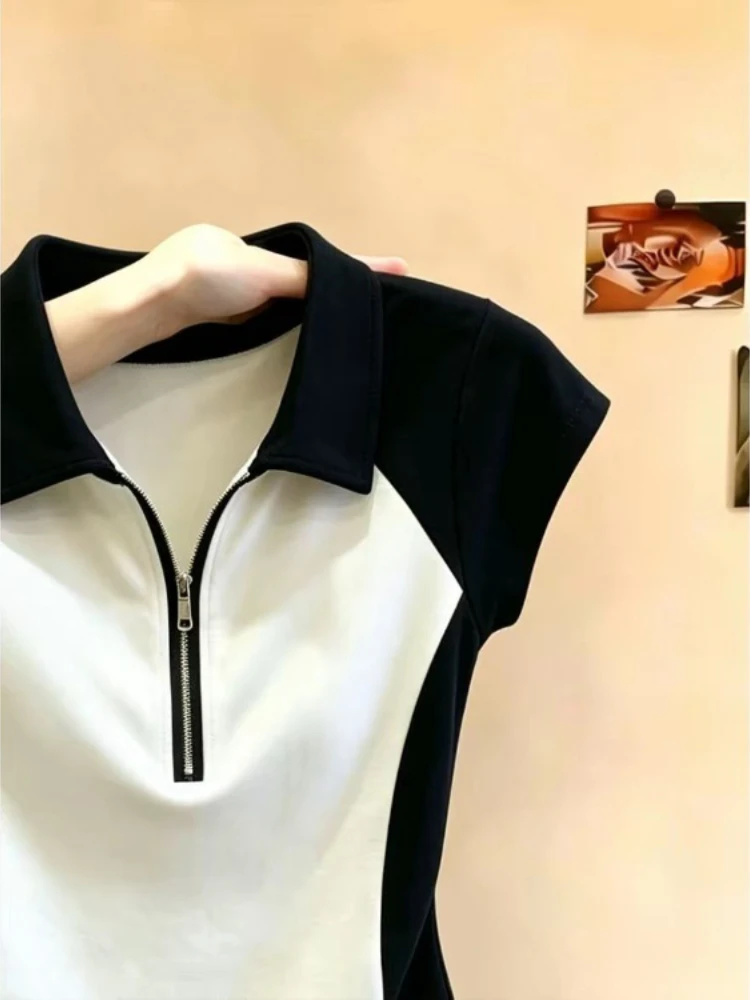 Contrast Color Tshirts Summer Shirt For Women Tunic Short Sleeve Tees 2026 Ropa Mujer Turndown Collar Half Zipper T-shirt Tops