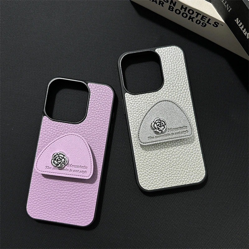 

cute Silver camellia Folding bracket leather Case for iPhone 15 14 Phone Cover 13 12 11 Pro MAX Hard Cover Shockproof Back Funda