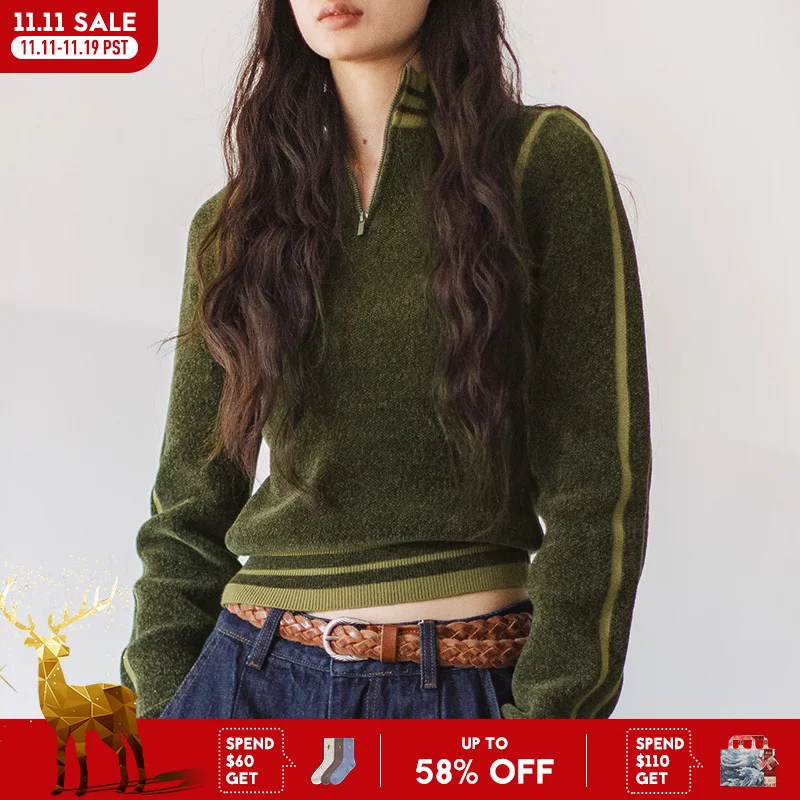 

Свитер Maden из синели с полумолнией, зеленый вязаный базовый слой, облегающий пуловер с длинными рукавами, внутренняя одежда для женщин на осень и зиму