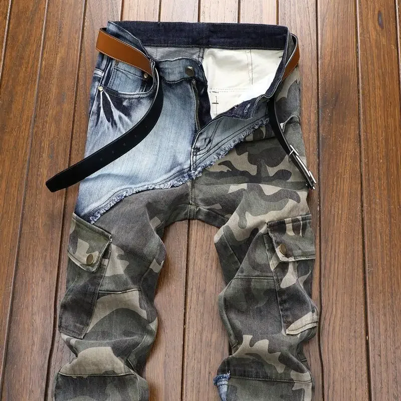 Männer Patchwork Jeans Mode Retro Slim Fit Elastische Bleistift Hosen Männliche Denim Camouflage Cowboy Hosen Lange Hosen