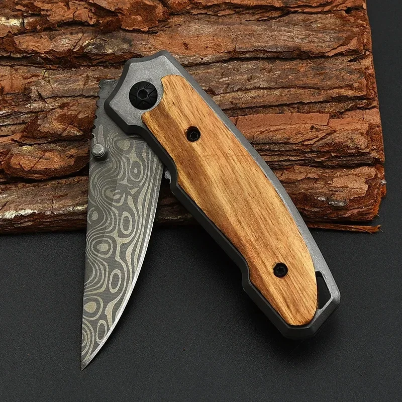 New outdoor folding knife Damascus pattern camping self-defense mountaineering portable multi-purpose fruit knife