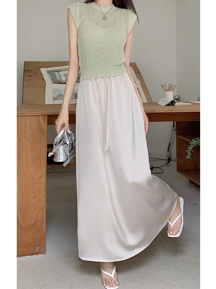 Summer New Women's Half Length Skirts Hot Selling Satin Finish Elastic Waist Lace-up Casual A-Line Simplicity Solid Vestidos