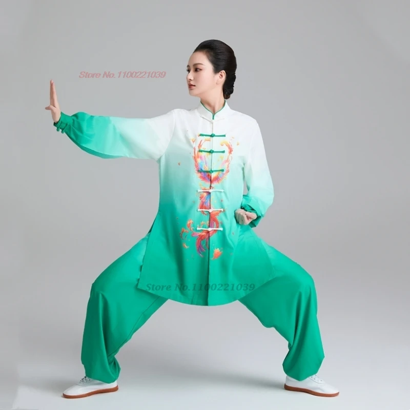 2026 chinese tai chi uniform wushu taiji morning exercise tops+pants set phoenix print stage performance kungfu tai chi set view 6