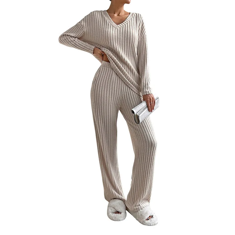 Fashion Knit Ribbed Women's Set 2 Piece Outfits Casual V Neck Knit Wide Leg Pants Sweater Lounge Set Sweatsuit