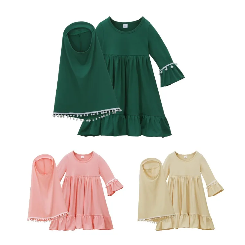 Girls Long Sleeve Maxi Dress with Hijab 2 Piece Set, Kids Spring Autumn Abaya Dress, Muslim Children Clothing - view 4