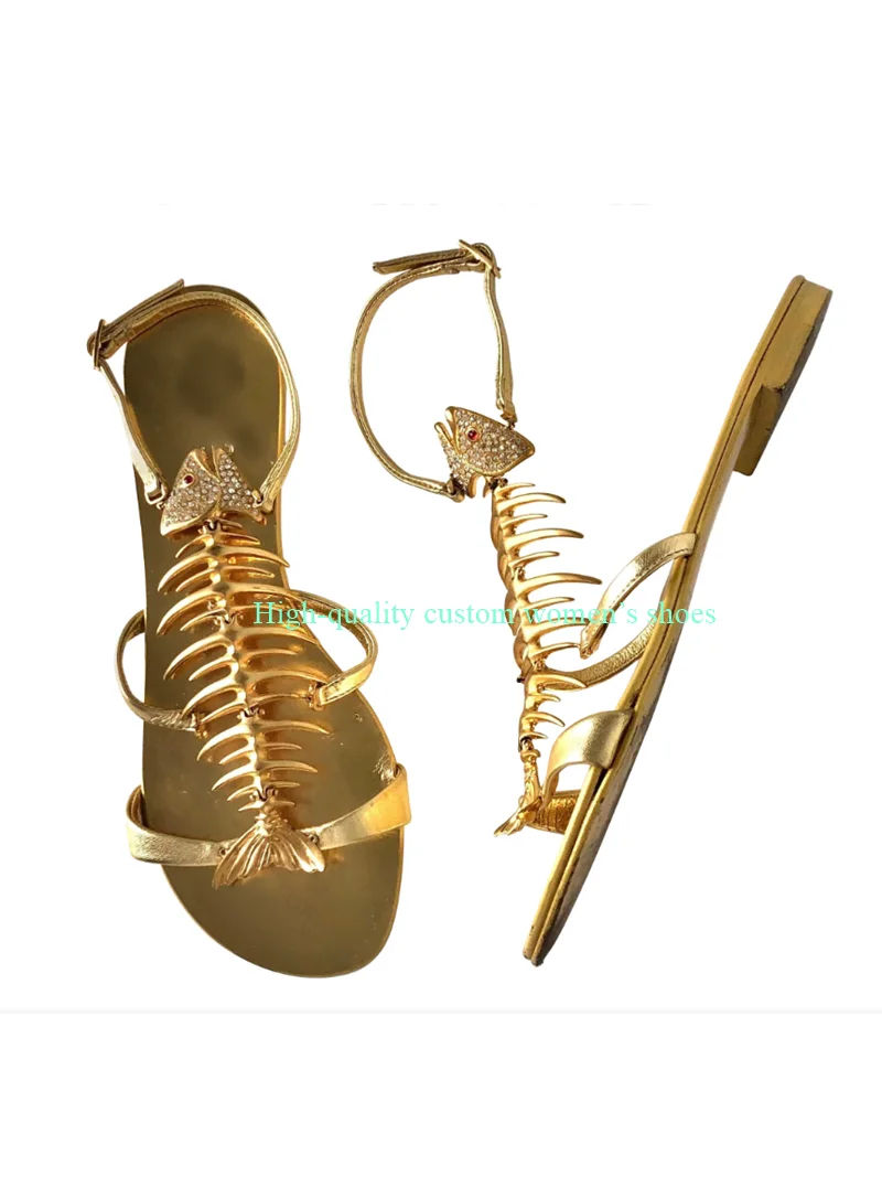 Golden Round Head Open Toes Fishbone Accessories Decoration Flat Summer Sandals Ankle Buckle banquet Luxury Sandals