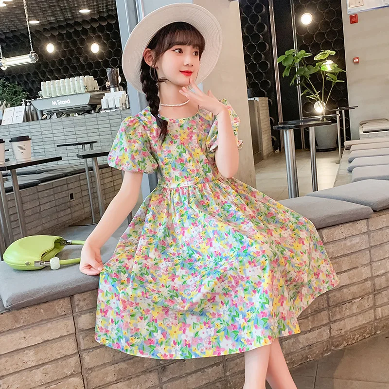 

Girls Summer Cotton Dress Fragmented Flower Bubble Sleeve Princess Dresses French Tea Break Forest Loose Fat Cotton Girl Dress