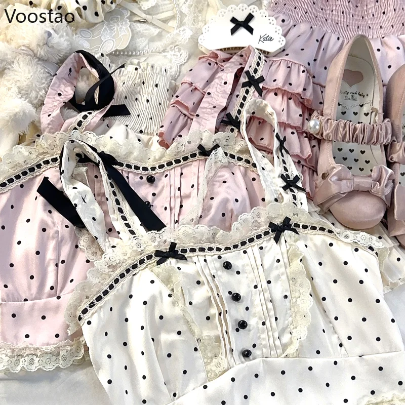 Kawaii Lolita Style Sweet 2 Piece Set Woman Cute Bow Lace Ruffles Polka Dot Vest Tops Mini Cake Skirts Suit Korean Y2k Outfits