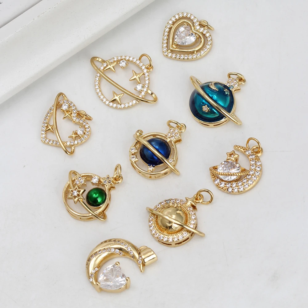 Copper Galaxy Planet Charms High Quality 18K Gold Plated Clear Cubic Zirconia Charms Pendants for DIY Necklace Earrings Bracelet image 4