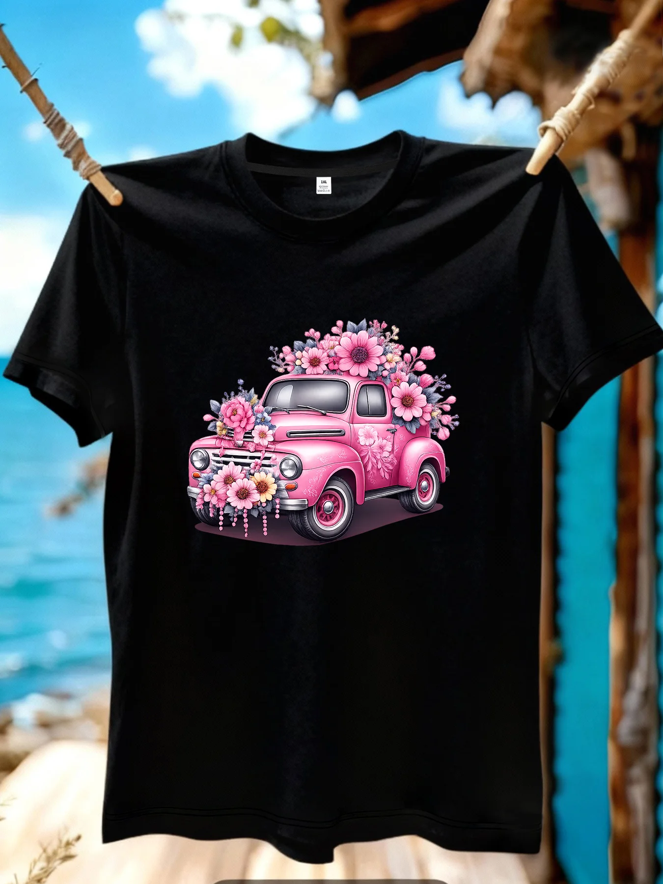 

[YJ01021]Pink Car Pattern Print Plus Size Women's T-Shirt Summer Casual Short Sleeve Top Fashionable Versatile Clothing